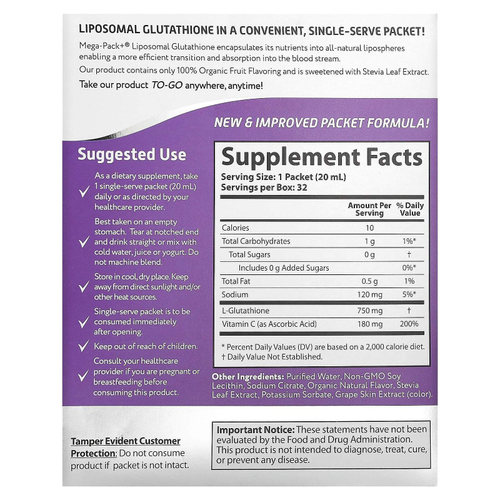 Aurora Nutrascience, Mega-Pack+®, липосомальный глутатион, 32 пакетика по 20 мл (0,68 жидк. унции)