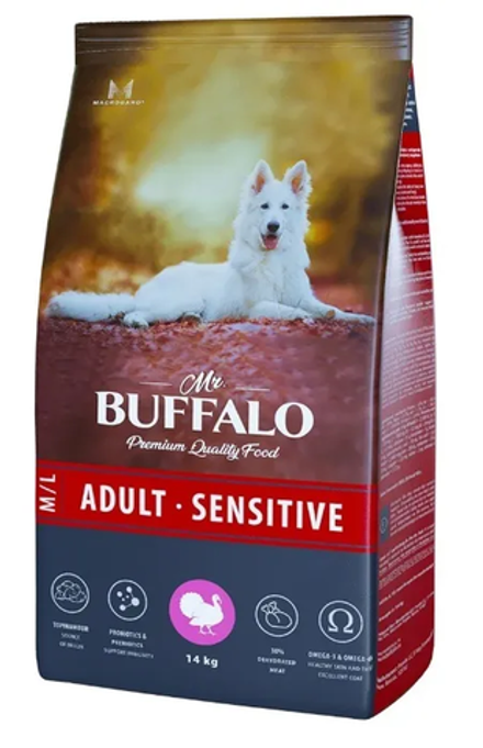 Mr.Buffalo 14кг Adult Sensitive Сухой корм для взрослых собак средних и крупных пород с чувствительным пищеварением Индейка