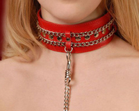 Красный кожаный ошейник с цепочками и поводком Sitabella BDSM Accessories 3101-2