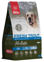 Сухой корм для собак Blitz Holistic Fresh Trout Adult Dog Monoprotein для средних и крупных пород Holistic гипоаллергенный корм для чувствительного пищеварения, 1,5 кг