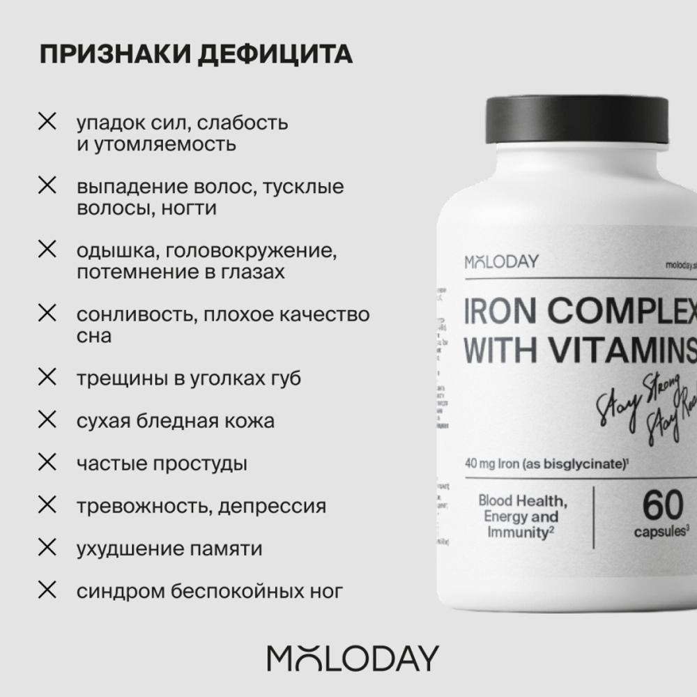 Комплекс железа Iron complex with vitamins, 60 капсул | MOLODAY