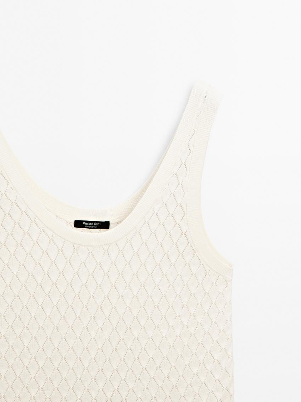 Massimo Dutti Трикотажный топ ажурной вязки с узором «ромбы», натуральный, кремовый