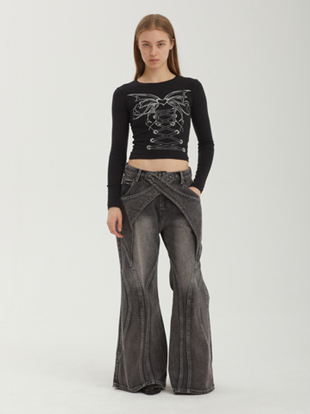 Женский Лонгслив Black Lace Up Print