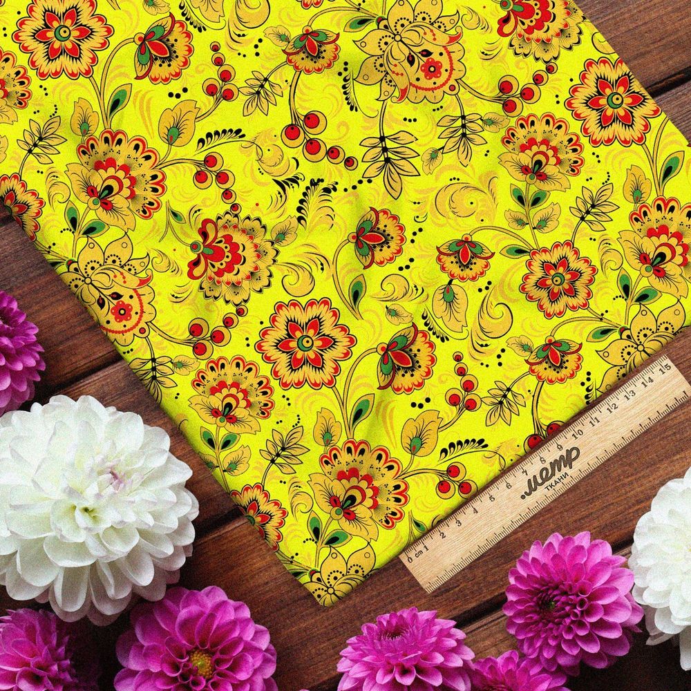 Ткань блэкаут хохломские узоры на жёлтом