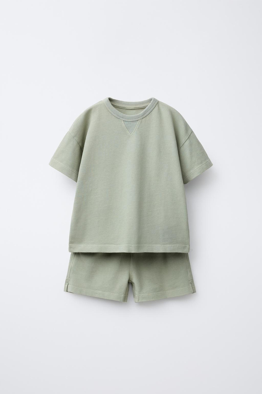 ZARA КОМПЛЕКТ ИЗ ОДНОТОННОЙ ФУТБОЛКИ И ШОРТОВ-БЕРМУДОВ,ЦВЕТ МОРСКОЙ ВОЛНЫ