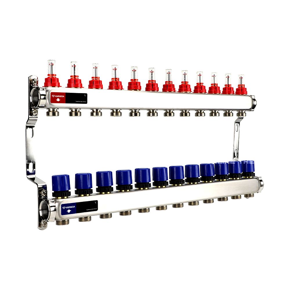 Коллектор из нерж. стали с расходомерами и регулирующими клапанами 1", 12 x 3/4"EK