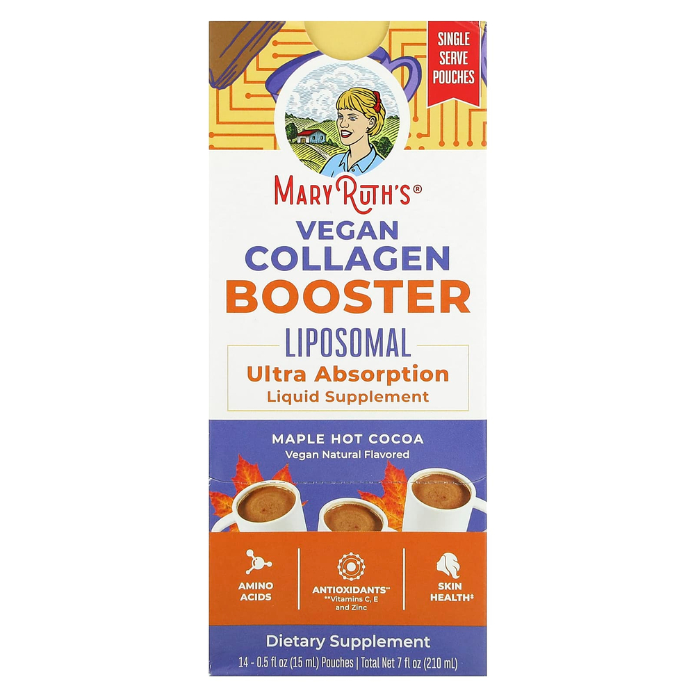 MaryRuth's, Vegan Collagen Booster, липосомальный стимулятор выработки коллагена, с кленовым сиропом и горячим какао, 14 пакетиков по 15 мл (0,5 жидк. унции)