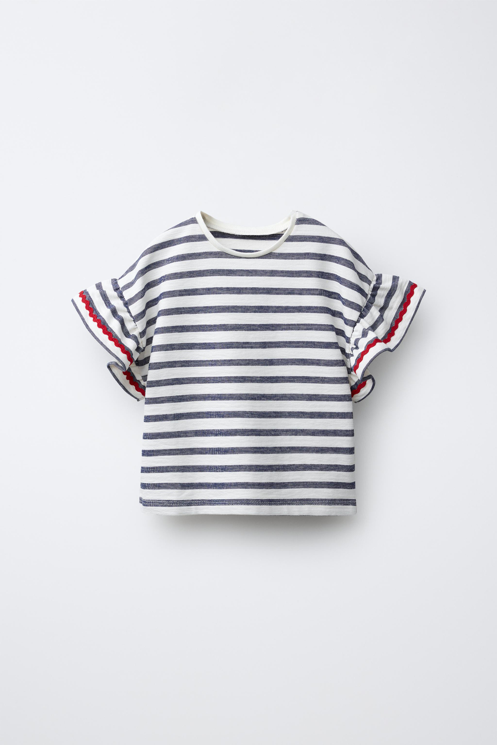 ZARA ФУТБОЛКА ИЗ ТКАНИ В ПОЛОСКУ С ВОЛАНОМ И ВОЛНИСТОЙ ОТДЕЛКОЙ, МОРСКОЙ СИНИЙ
