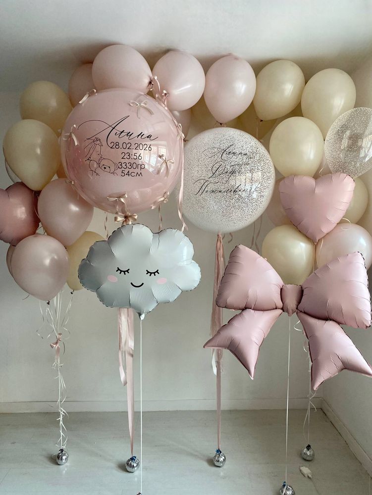 Шарики на выписку из роддома бант/облако/снег песок/пыльная роза №4826