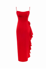 Платье миди драпированное из сатина с цветком и воланом