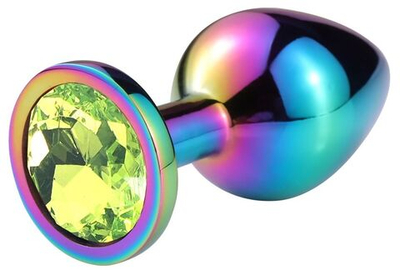 Разноцветная гладкая анальная пробка с салатовым кристаллом - 6,8 см. (Цвет: салатовый)