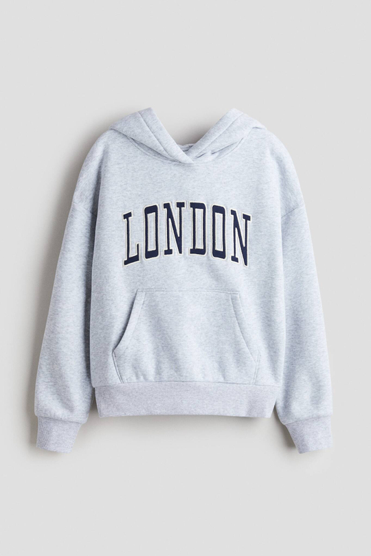 H&M Толстовка с капюшоном и принтом, светло-серый меланж