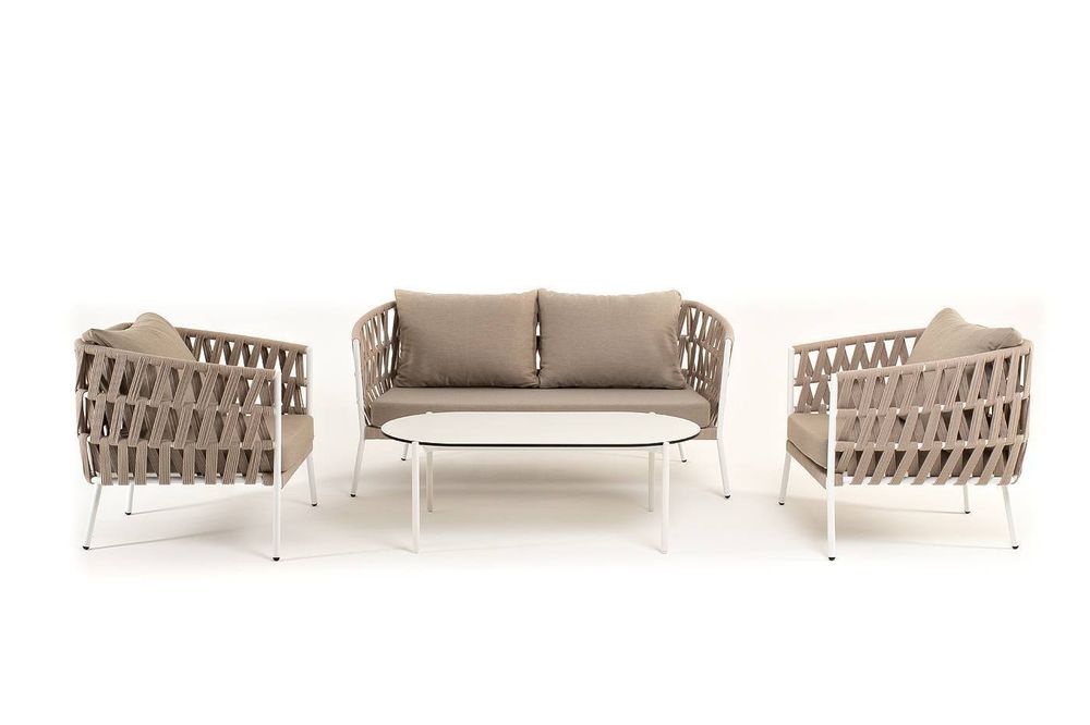 "Диего" лаунж-зона 4-местная плетеная из роупа (веревки), каркас алюминиевый белый, роуп бежевый