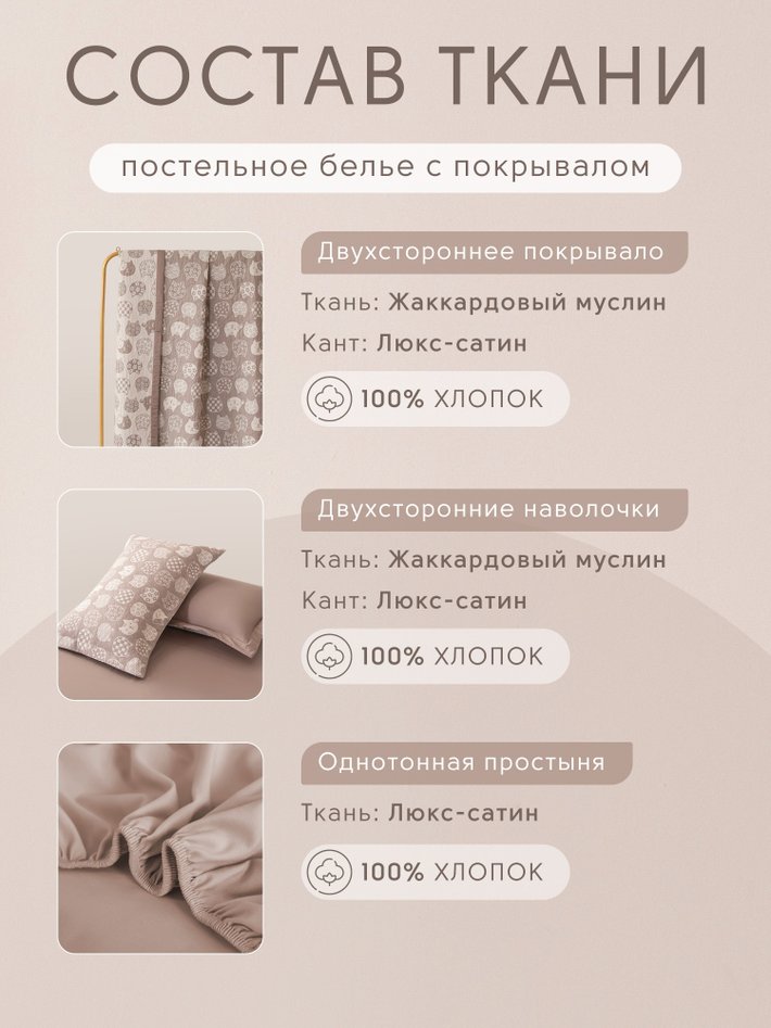 Комплект постельного белья на резинке с покрывалом Сатин Вуаль Авроры «Кошачий уют»