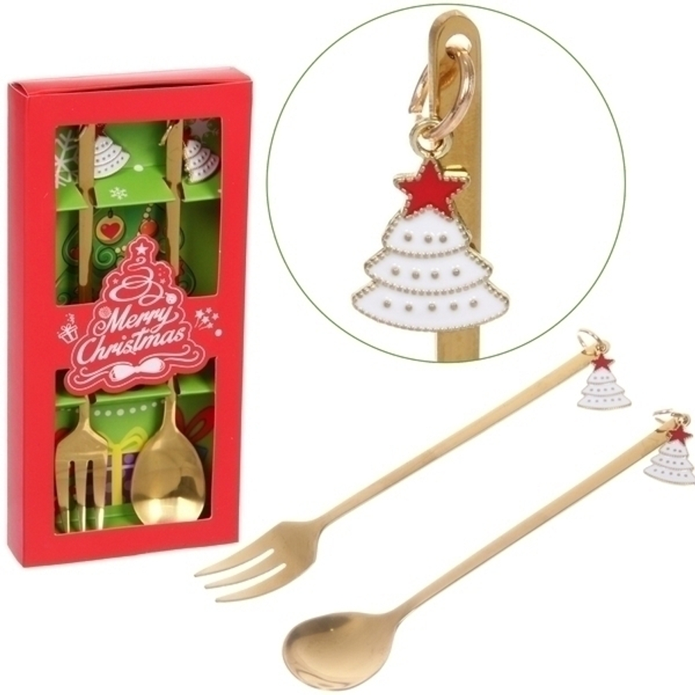 Набор для десерта «Ёлочки» 2предмета (ложка+вилка) в подарочной коробке,цвет золото