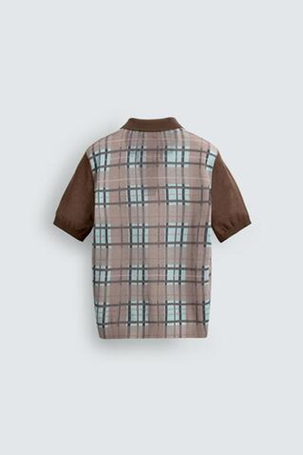 ZARA ТРИКОТАЖНОЕ ПОЛО В КЛЕТКУ С ПРИНТОМ, ТЕМНО-БЕЖЕВЫЙ