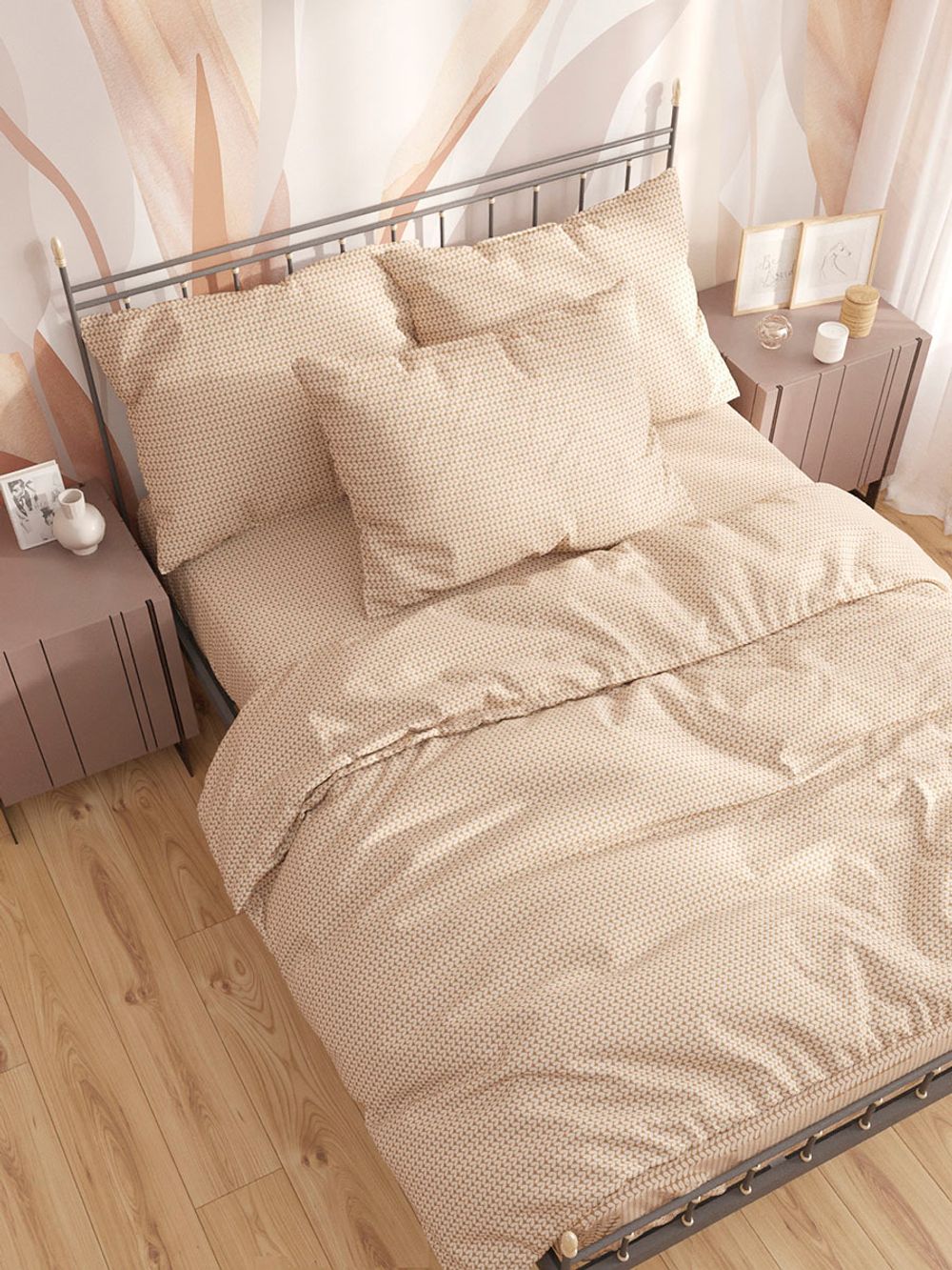 Постельное белье Сказка "Вязание на бежевом" 2-спальный Наволочка 50х70 см 2 шт Простынь на резинке 160х200 см Пододеяльник 175х215 см, перкаль