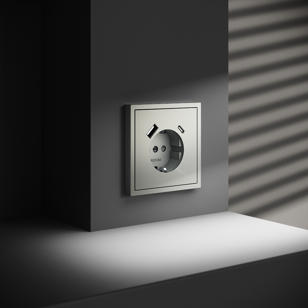 Розетка встраиваемая VOLTUM S70 с заземлением и защитными шторками, 16А, с USB, A+С, (сталь)