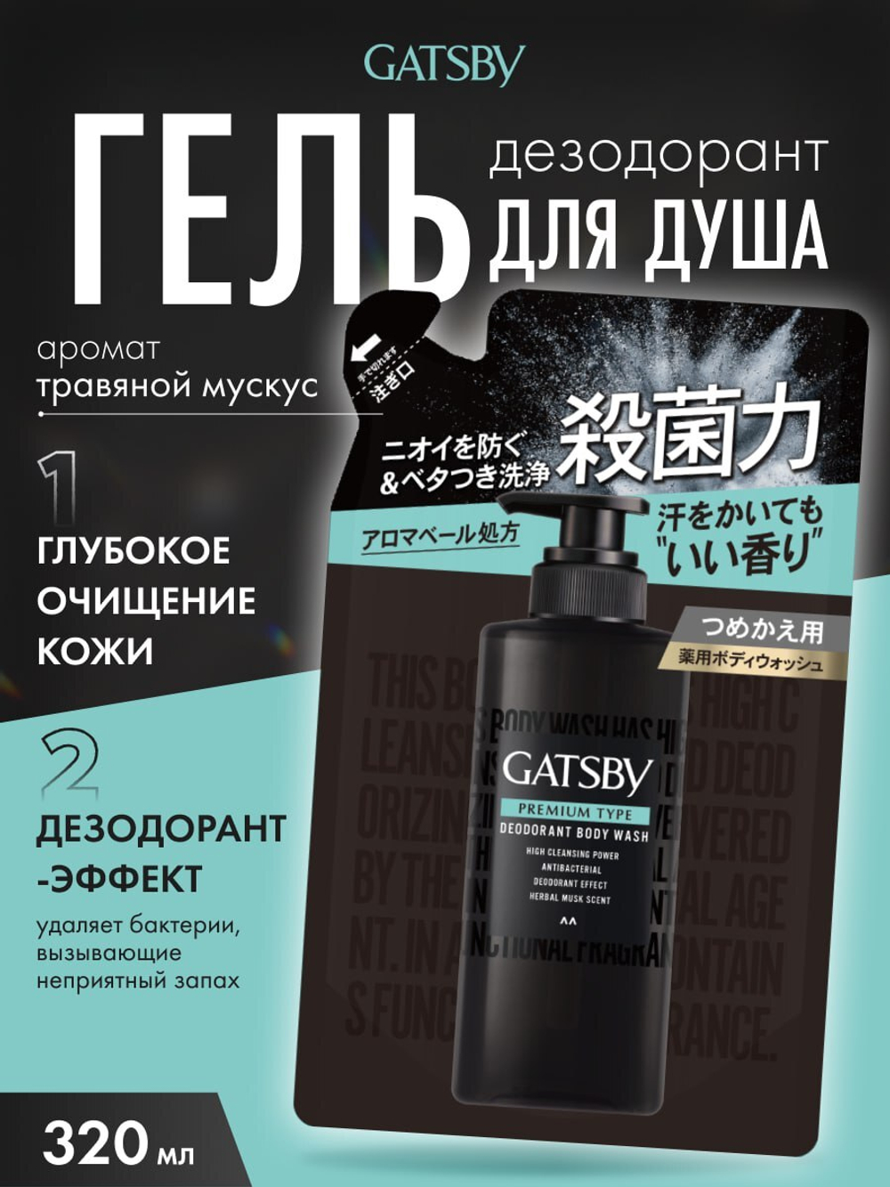 Гель для душа с антибактериальным эффектом Mandom Gatsby Premium Type Medicinal Deodorant Body Wash, 320мл
