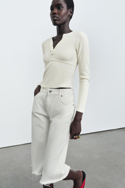 ZARA ФУТБОЛКА В РУБЧИК С ДЛИННЫМИ РУКАВАМИ, ЭКРЮ