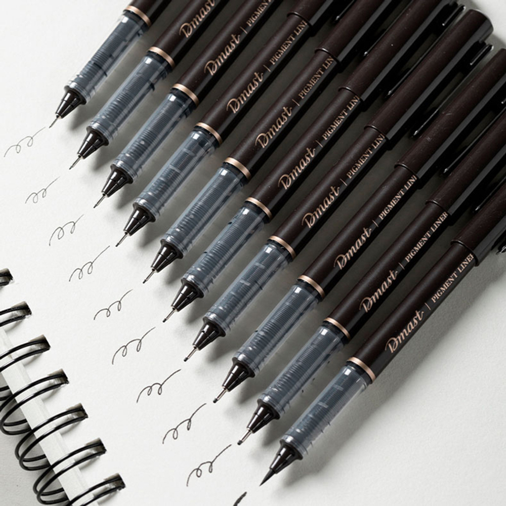 Набор линеров Dmast, 0,15 мм - 0.55 мм, кисть BS, 10 штук в упаковке, черный