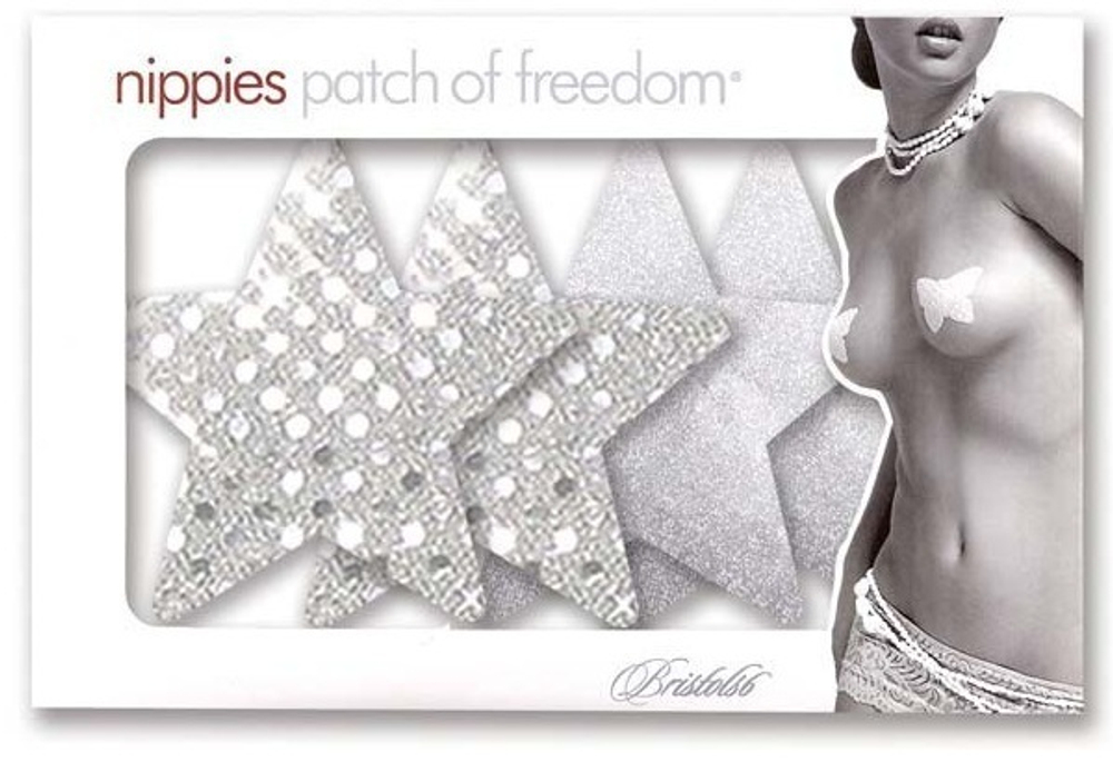 Комплект из 1 пары серебристых пэстис-звездочек с блестками и 1 пары серебристых пэстис-звёздочек с гладкой поверхностью