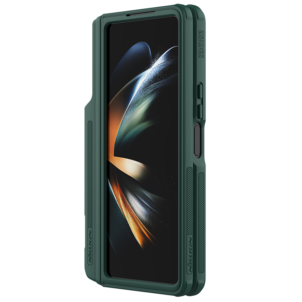 Чехол зеленого цвета на Samsung Galaxy Z Fold 4 5G от Nillkin, серия Super Frosted Shield Fold, в комплекте со съемным держателем для S Pen