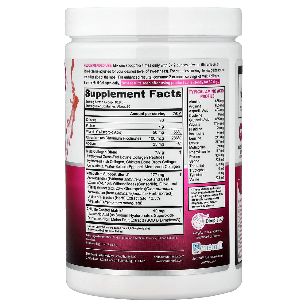 Vitauthority, Multi Collagen Burn, клубничный лимонад, 216 г (7,62 унции)