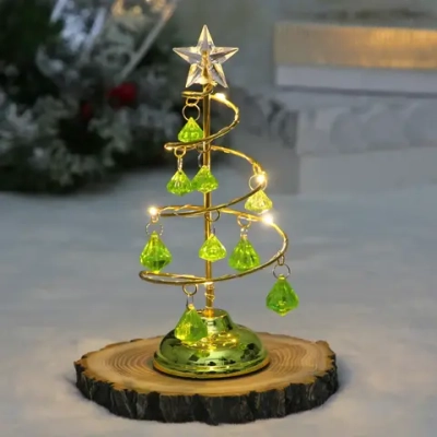 Сувенир с подсветкой «Елочка Хрустальная» 18 см, диаметр 8 см, основание-золото, свечение-тепл.белый, хрусталик Зеленый (работает от батареек 3 LR44)