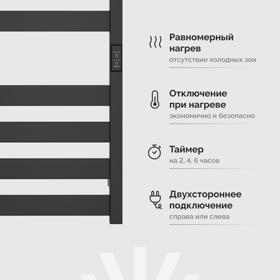 Полотенцесушитель электрический EWRIKA Пенелопа G 80x55 см, подключение справа, слева, матовый черный, лесенка, из стали