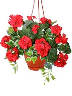 Искусственные цветы Герань густая красная в подвесном коричневом кашпо