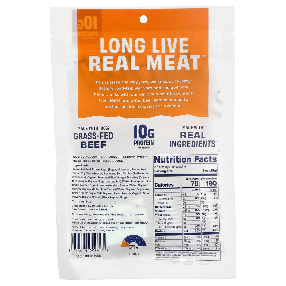 Country Archer Jerky, вяленая говядина травяного откорма, терияки, 71 г (2,5 унции)