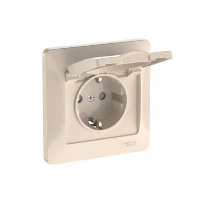 GLOSSA РОЗЕТКА с заземлением со шторками с крышкой, 16А, IP20, в сборе, быстрозажим. клем., БЕЖЕВЫЙ