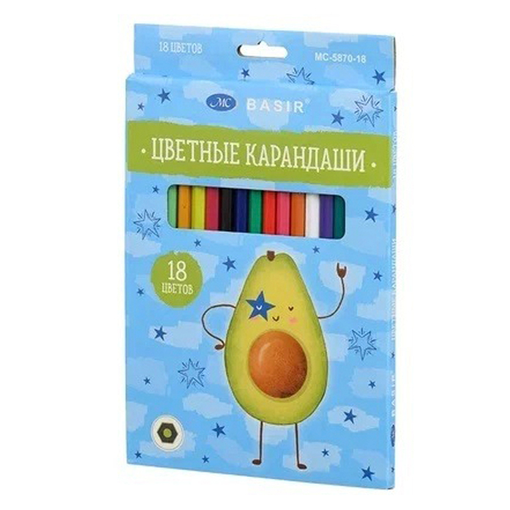 Карандаши цветные, Basir, пластиковые, серия "Авокадо", цветная упаковка, 18 шт