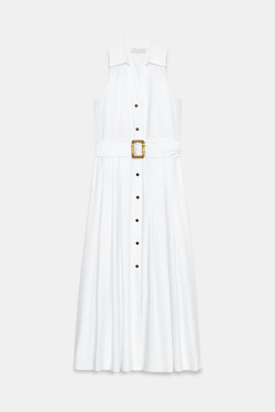 ZARA ПЛАТЬЕ МИДИ ИЗ ПОПЛИНА С ПОЯСОМ, БЕЛЫЙ