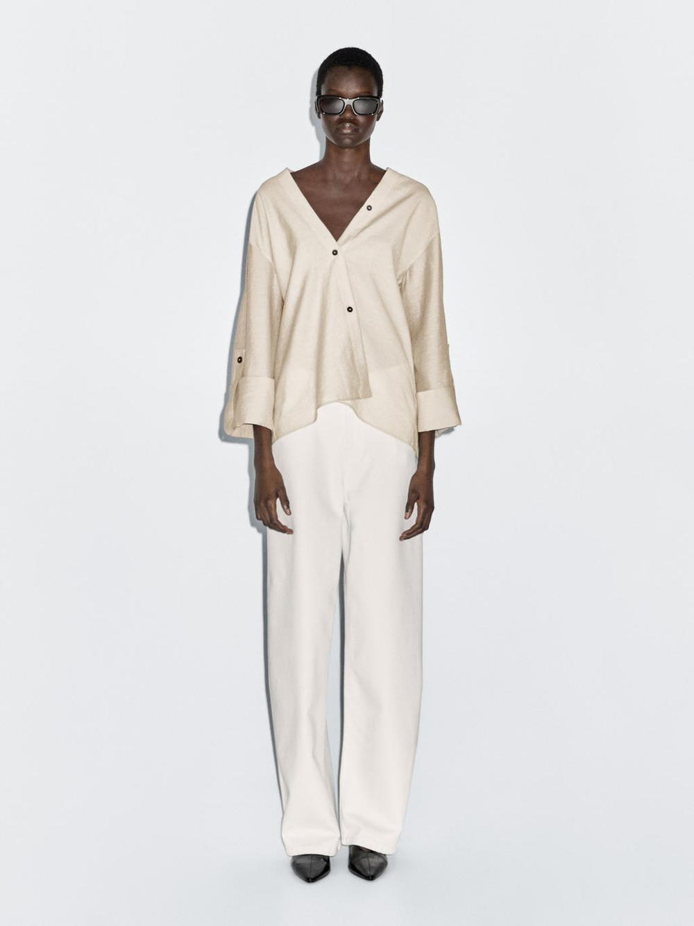 Massimo Dutti Рубашка с подворачиваемыми рукавами, натуральный, кремовый