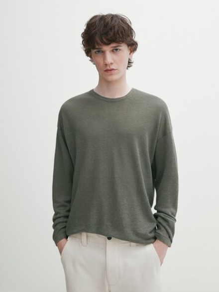 Massimo Dutti Льняной свитер с круглым вырезом, хаки