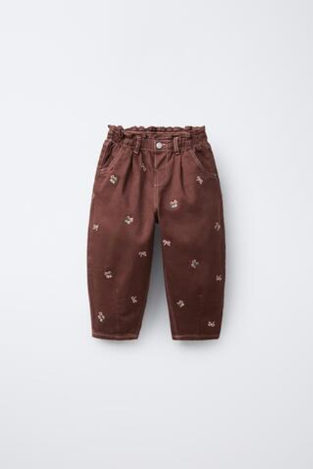 ZARA БРЮКИ BAGGY ИЗ САРЖИ С ВЫШИВКОЙ, ГРАНАТОВЫЙ