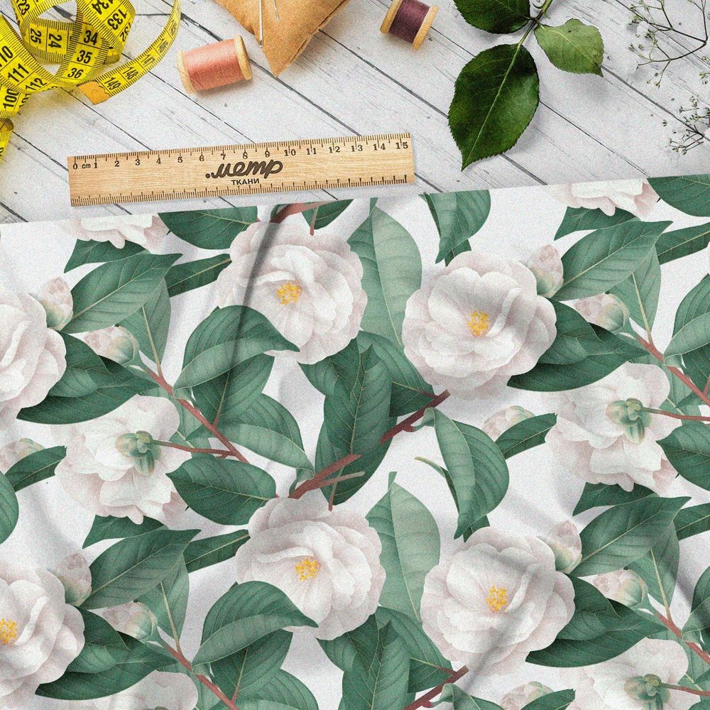 Ткань сатин белые цветы в листьях