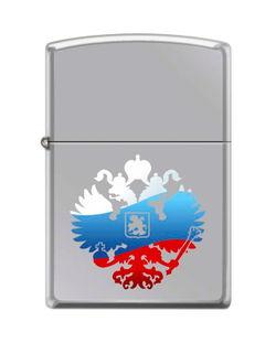 Легендарная классическая американская бензиновая широкая зажигалка ZIPPO Classic High Polish Chrome™ серебристая матовая из латуни и стали с изображением двуглавого орла ZP-250 RUSSIAN COAT OF ARMS