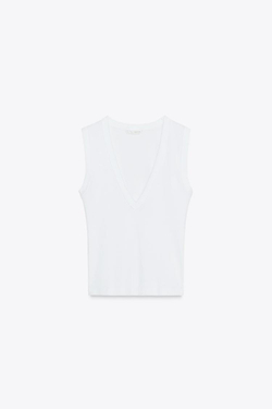 ZARA ФУТБОЛКА С V-ОБРАЗНЫМ ВЫРЕЗОМ, БЕЛЫЙ