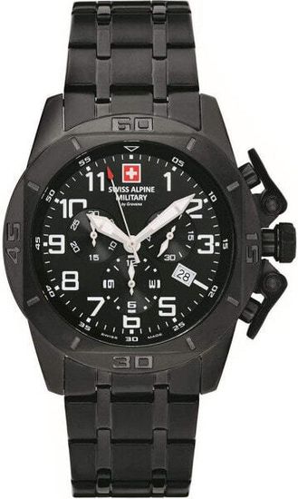 С браслетом Мужские наручные часы с черным браслетом Swiss Alpine Military 7063.9177 chronograph 45mm 10ATM
