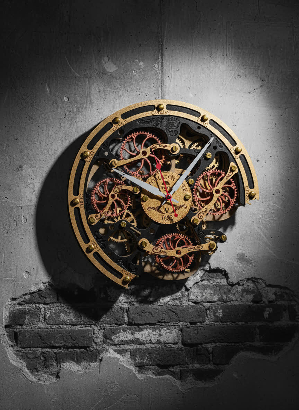 Настенные часы WOODandROOT Automaton Bite 1682 в тёмном помещении, освещённые мягким светом, вид спереди на бетонной стене