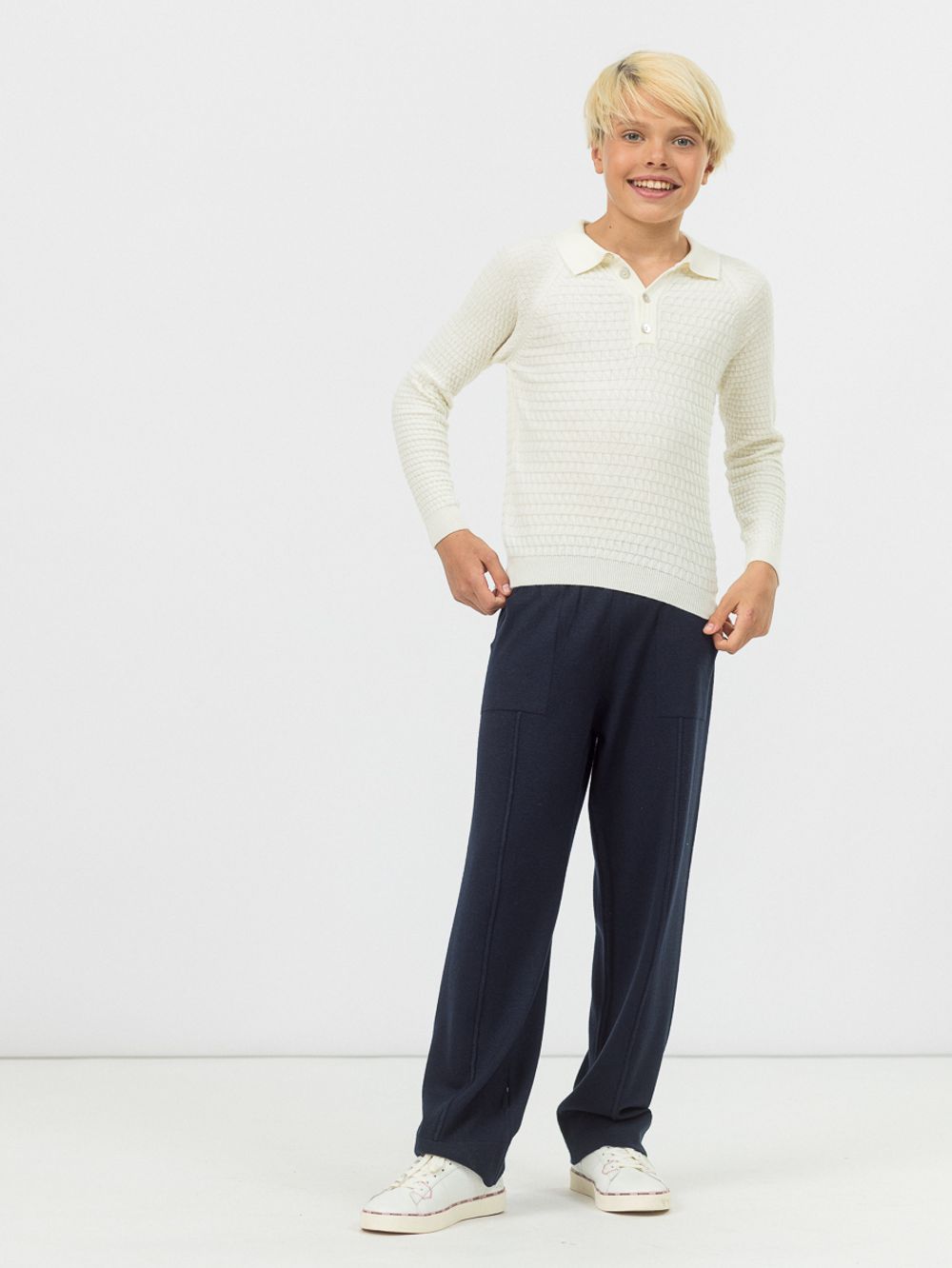 Поло для мальчика с длинным рукавом в школу AT1080 молочный