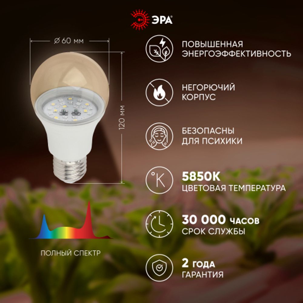 Фитолампа для растений светодиодная ЭРА FITO-11W-Ra90-E 27 полного спектра new 11 Вт Е27