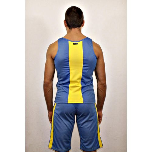 Майка мужская голубая с желтой полосой сзади Wang Jiang