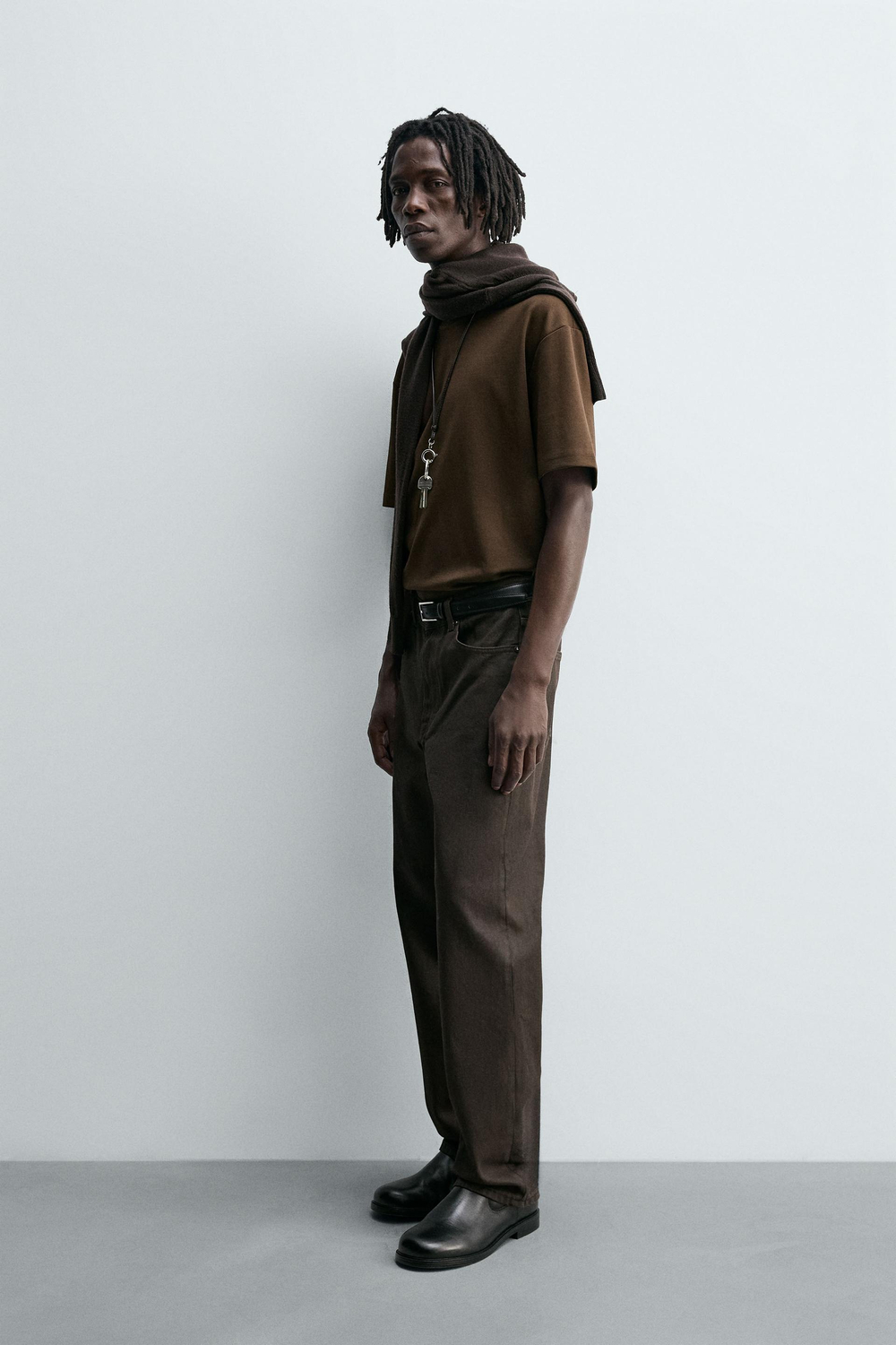 ZARA ФУТБОЛКА RELAXED FIT INTERLOCK, ТЕМНО-КОРИЧНЕВЫЙ