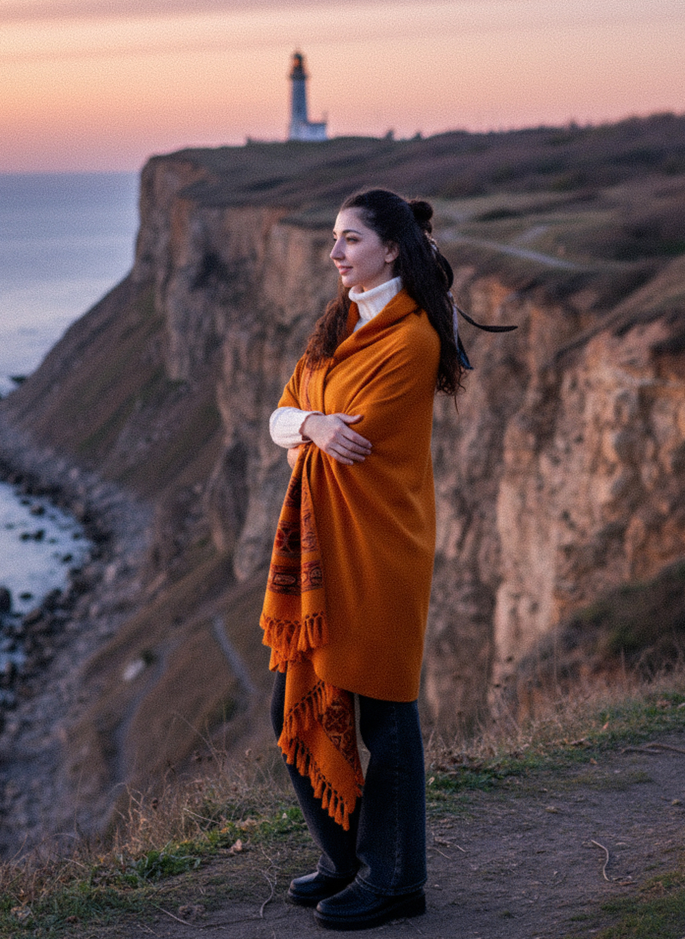 Шаль с вышивкой (темно-оранжевая)