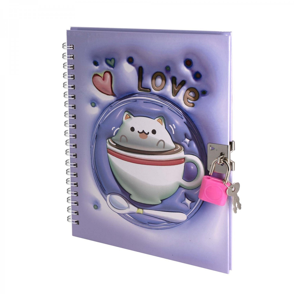 Блокнот 13,0 см * 18,0 см, гребень, Alingar, ламин, эффект 3D, замочек, клетка, 46 л., "Кот-пухляш", сиреневый