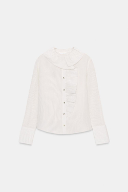 ZARA РУБАШКА В ПОЛОСКУ С ВОЛАНАМИ, БЕЛЫЙ/ЧЕРНЫЙ